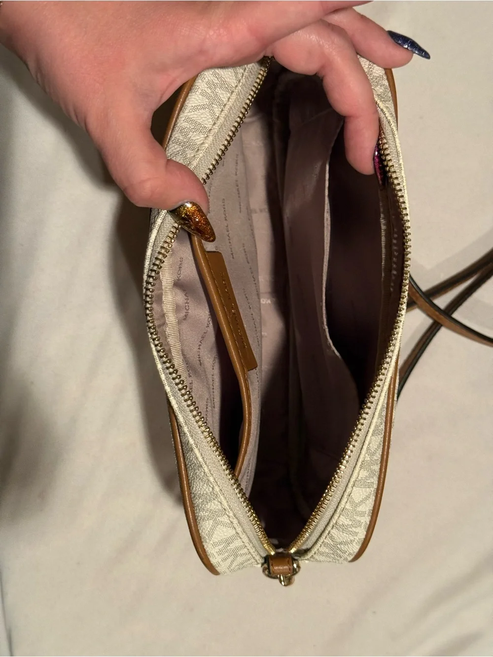 Michael Kors Cream MK Logo Crossbody with Tan Trim and Gold Chain